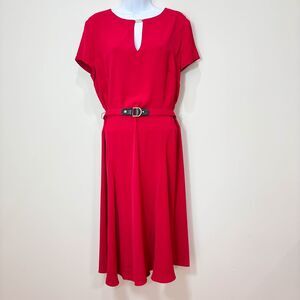 Ralph Lauren Georgette Midi Dress 12 Red Fit Flare Silky Belted Holiday Heritage